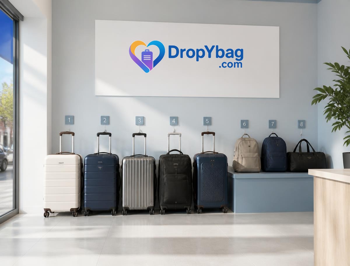 Bagagli e trolley custoditi in modo ordinato in un deposito bagagli moderno